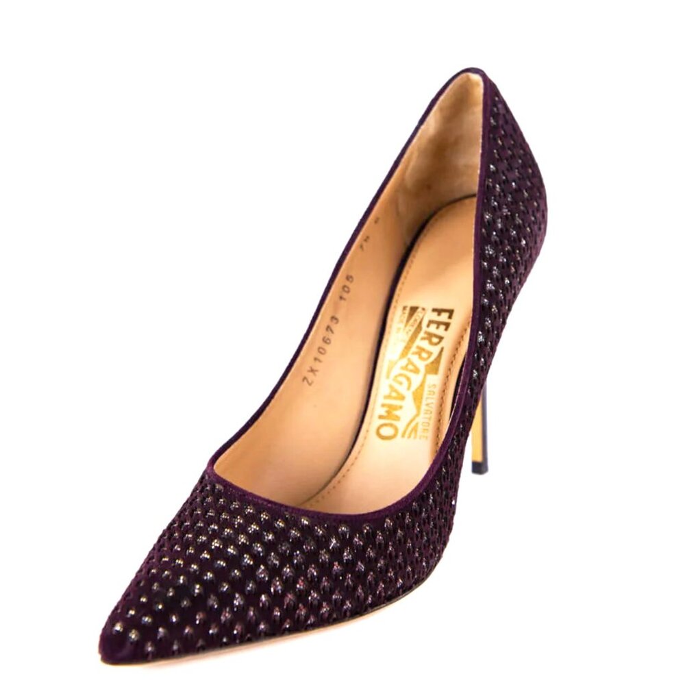 SALVATORE FERRAGAMO Susi Patch Burgundy Suede Pointy Toe Pumps Size 5.5 BNWT